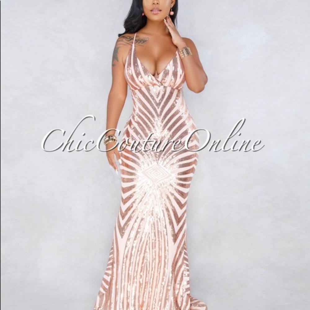 Blush Rose Gold Sequins Mermaid Tail Maxi Dress
